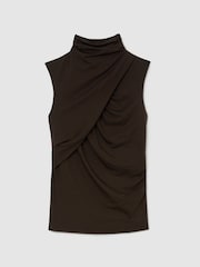 Reiss Chocolate Brown Wanda Ruched High-Neck Top - Image 2 of 6