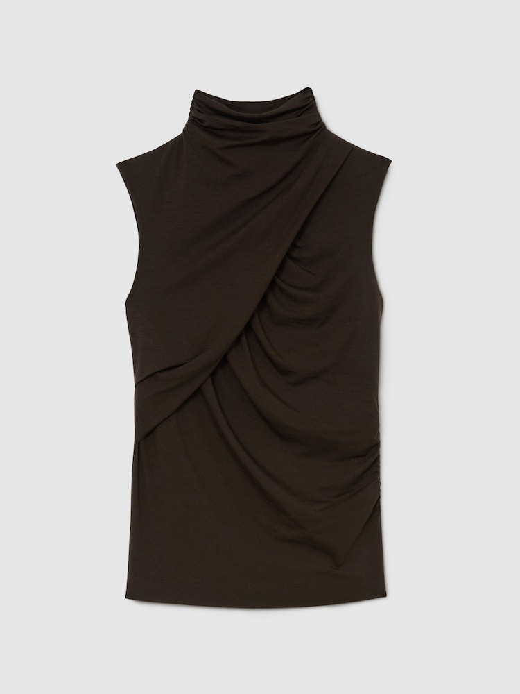 Reiss Chocolate Brown Wanda Ruched High-Neck Top - Image 2 of 6