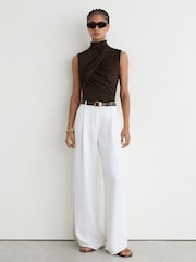 Reiss Chocolate Brown Wanda Ruched High-Neck Top - Image 3 of 6