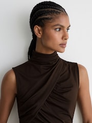 Reiss Chocolate Brown Wanda Ruched High-Neck Top - Image 4 of 6