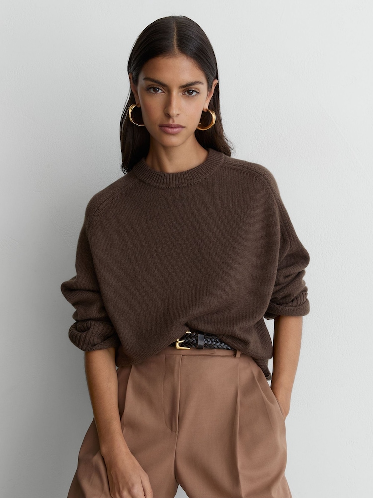 Reiss Mocha Brown Riley Wool-Cashmere Crew-Neck Raglan Jumper - Image 1 of 7