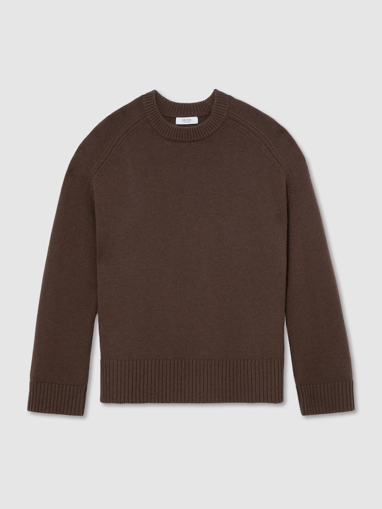 Reiss Mocha Brown Riley Wool-Cashmere Crew-Neck Raglan Jumper - Image 2 of 7