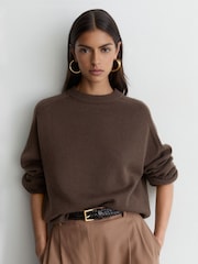 Reiss Mocha Brown Riley Wool-Cashmere Crew-Neck Raglan Jumper - Image 6 of 7