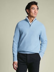 כחול  - Charles Tyrwhitt סוודר כותנה במרקם כוורת עם רוכסן בצווארון - תמונה 1 מתוך 6