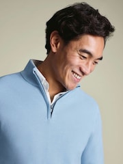 כחול  - Charles Tyrwhitt סוודר כותנה במרקם כוורת עם רוכסן בצווארון - תמונה 2 מתוך 6