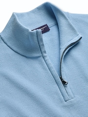 כחול  - Charles Tyrwhitt סוודר כותנה במרקם כוורת עם רוכסן בצווארון - תמונה 5 מתוך 6