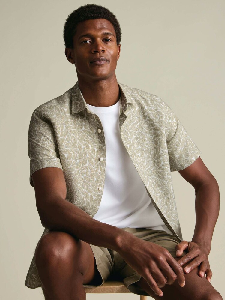 Зеленый - Charles Tyrwhitt Shorts Sleeve Printed Cotton Linen Shirt - Изображение 2 5