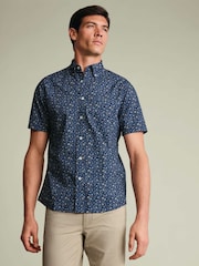 Charles Tyrwhitt Blue Shorts Sleeve Printed Stretch Washed Poplin Shirt - Image 1 of 4