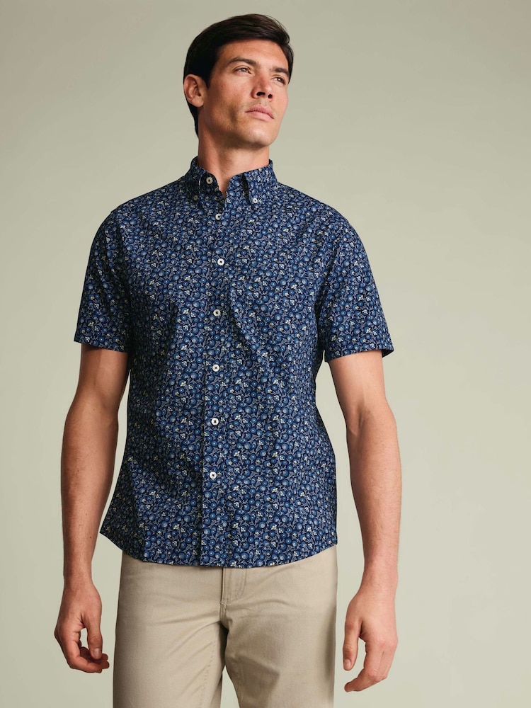 Charles Tyrwhitt Blue Shorts Sleeve Printed Stretch Washed Poplin Shirt - Image 1 of 4