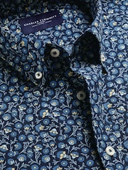 Charles Tyrwhitt Blue Shorts Sleeve Printed Stretch Washed Poplin Shirt - Image 3 of 4