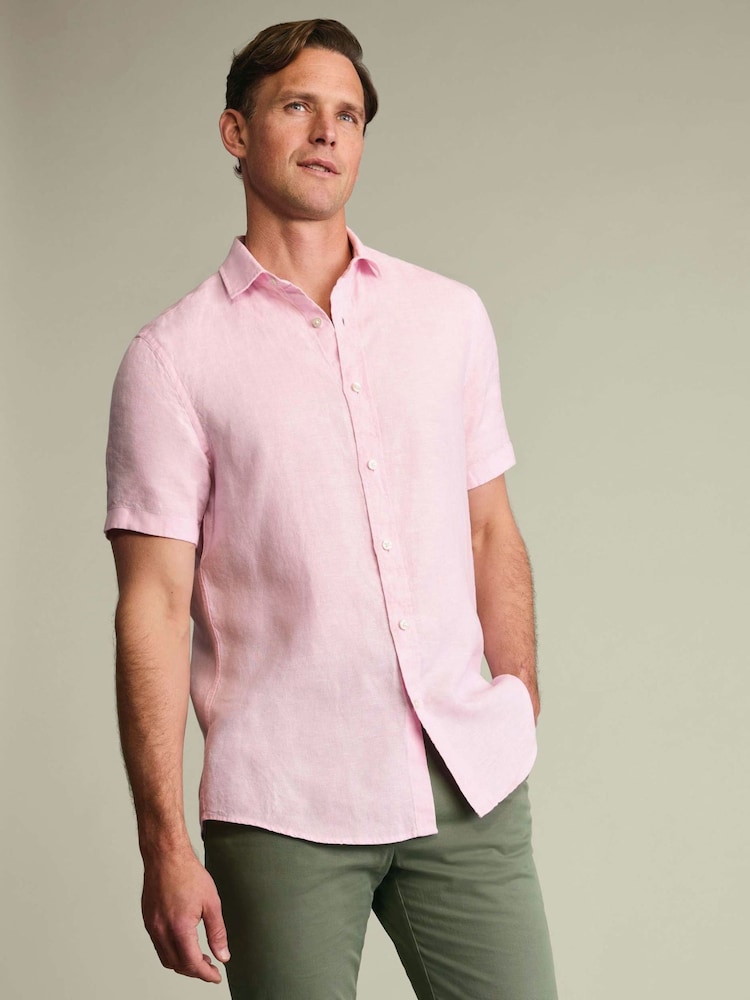 Charles Tyrwhitt Pink Plain Pure Linen Shorts Sleeve Shirt - Image 1 of 4
