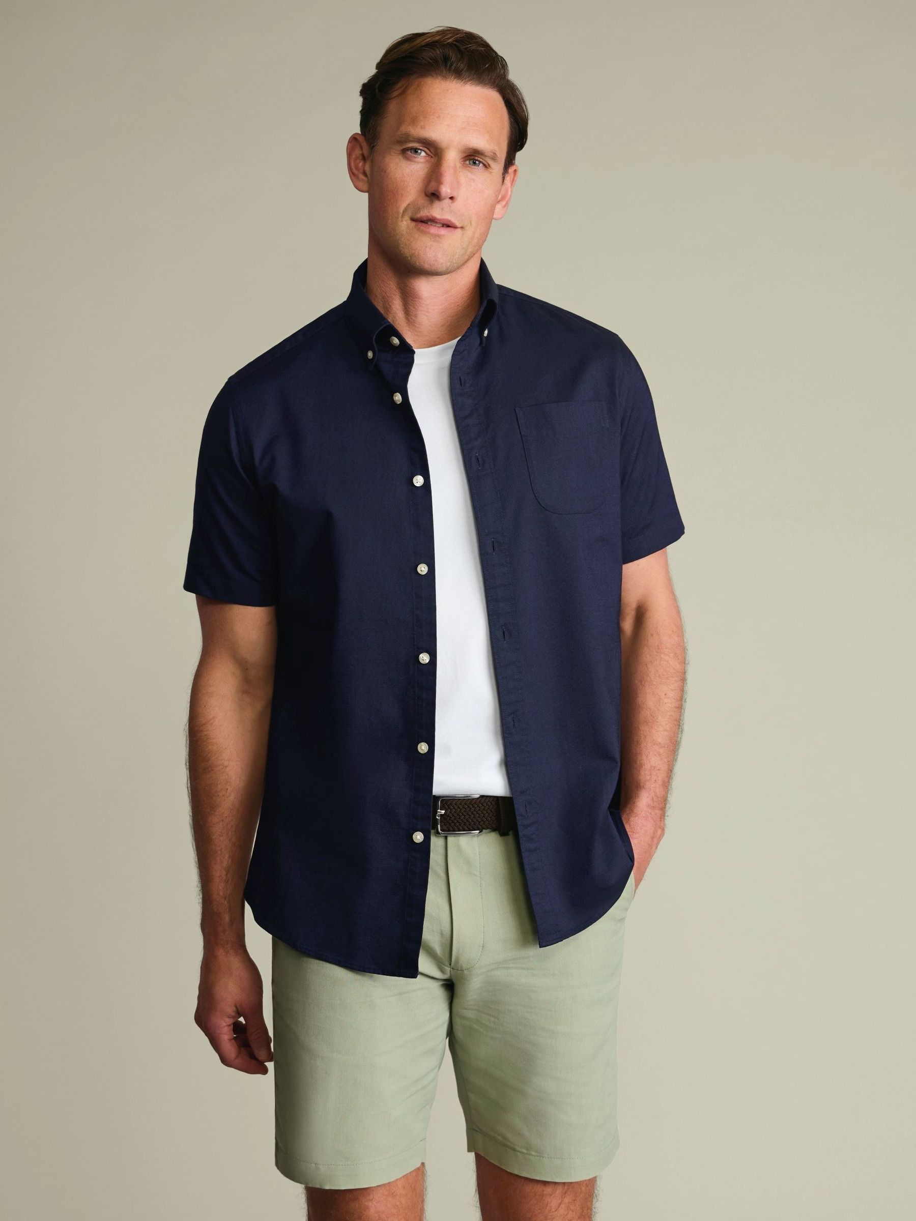 Buy Charles Tyrwhitt Blue Plain Shorts Sleeve Button-Down Stretch