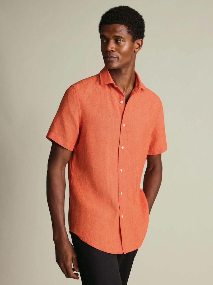Charles Tyrwhitt Orange Plain Pure Linen Shorts Sleeve Shirt - Image 1 of 3