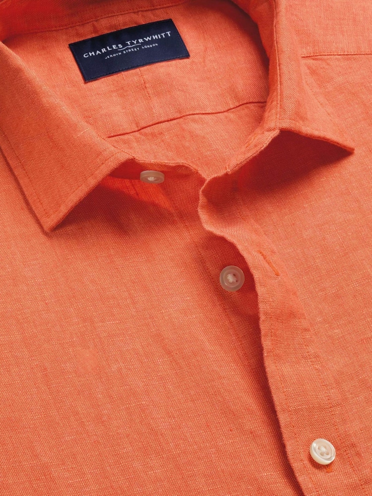 Charles Tyrwhitt Orange Plain Pure Linen Shorts Sleeve Shirt - Image 2 of 3