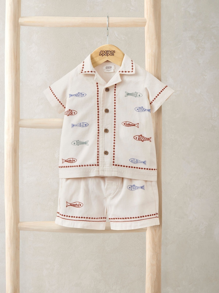 Mamas & Papas Cream Sardine Embroidered Top And Shorts Set - Image 1 of 3
