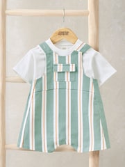 Mamas & Papas Green Stripe Twill Short Dungarees And Top Set - Image 1 of 3