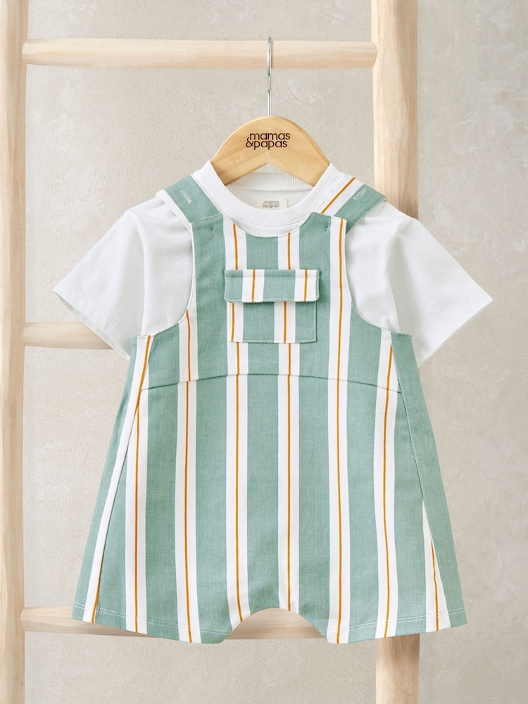 Mamas & Papas Green Stripe Twill Short Dungarees And Top Set - Image 1 of 3