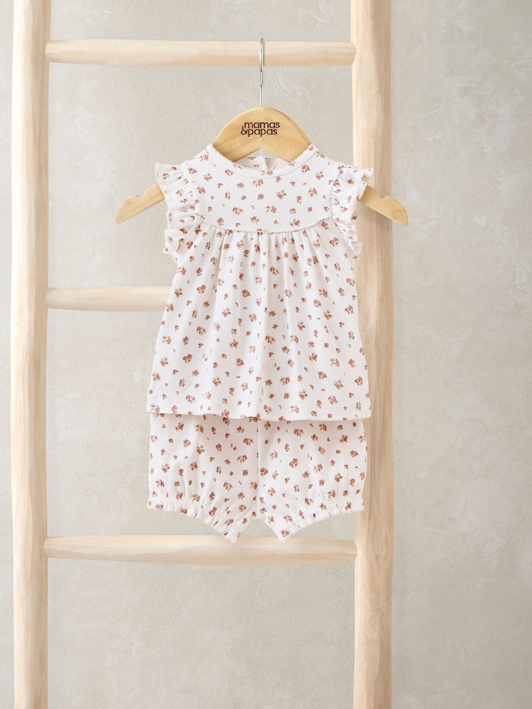 Mamas & Papas Pink Rose Print Jersey Short Pyjamas - Image 1 of 3