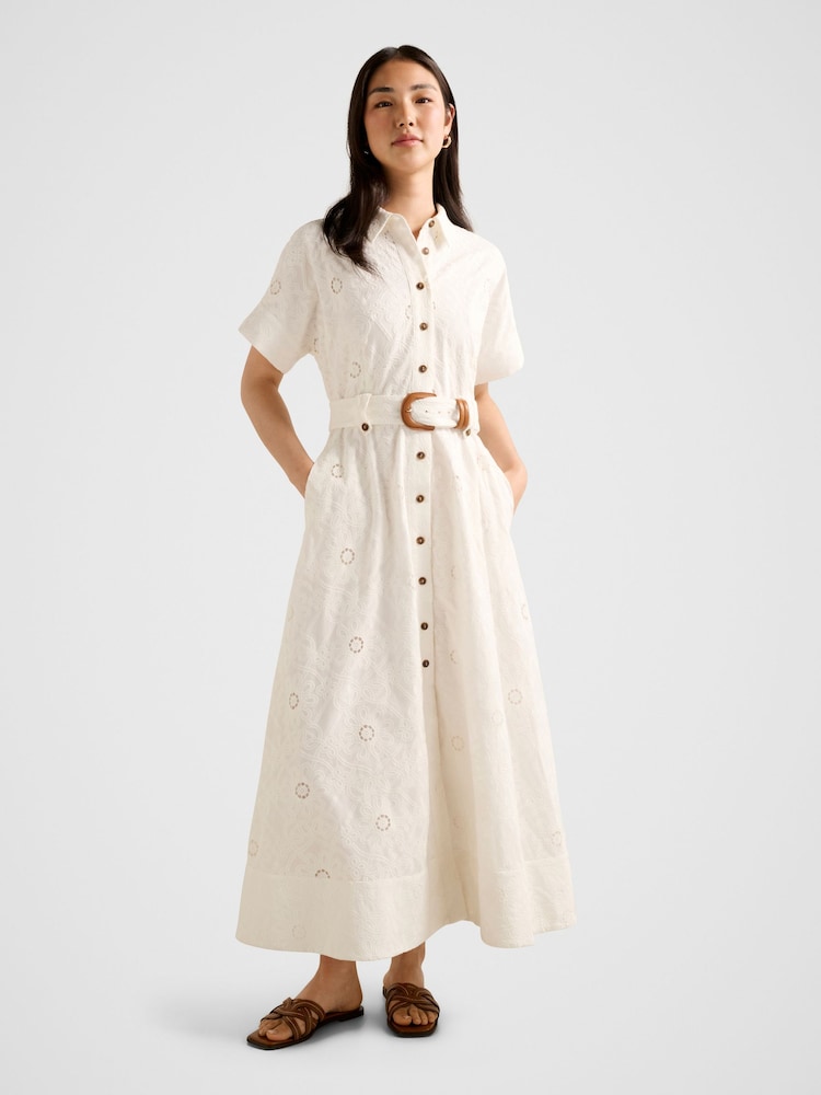 Forever New White Valeria Short Sleeves Broderie Midi Dress - Image 1 of 4