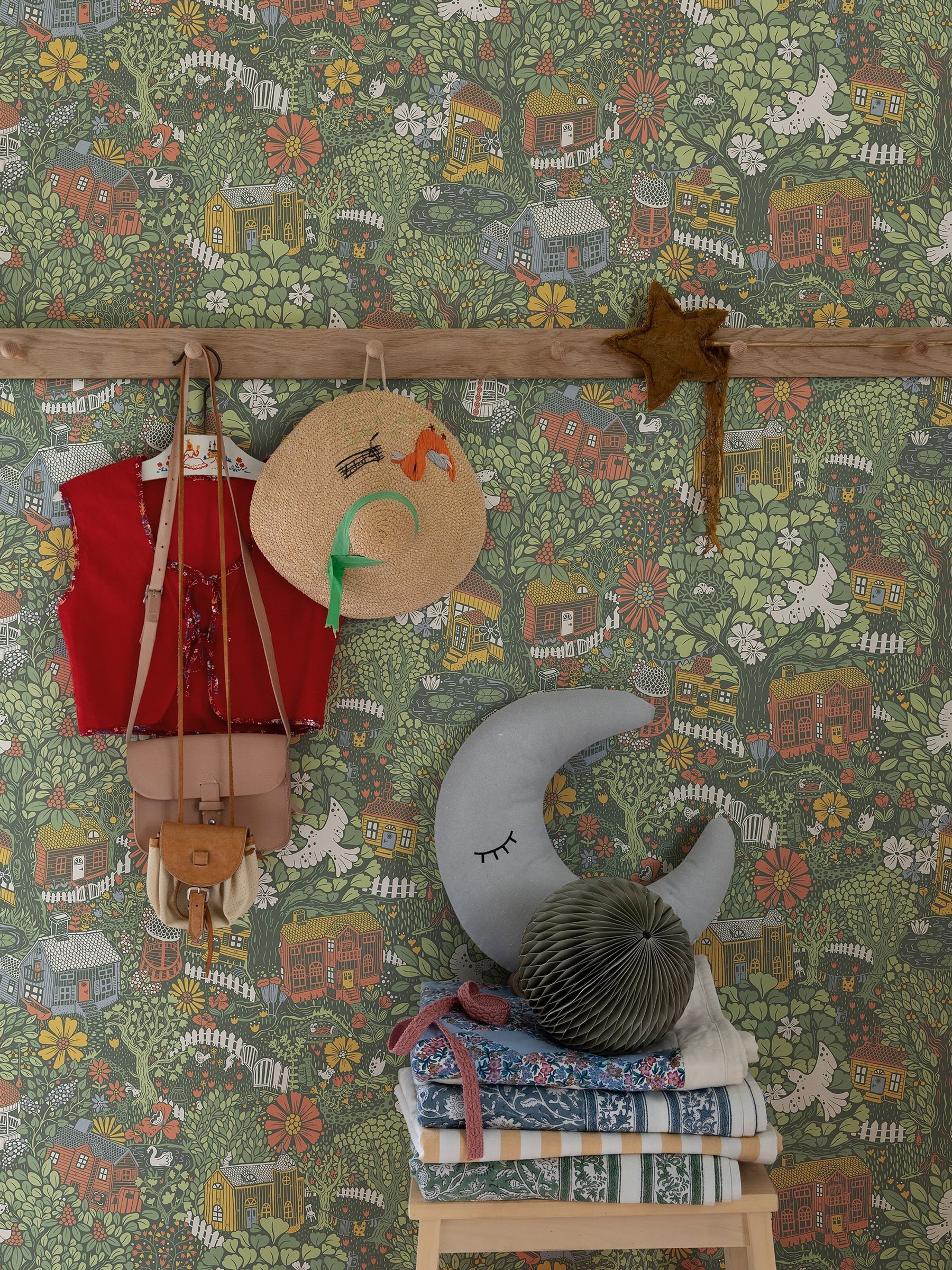 B&Q -  Sommarang 2 Dark Green Bygga Bo Scandinavian Village Wallpaper Roll - Image 3