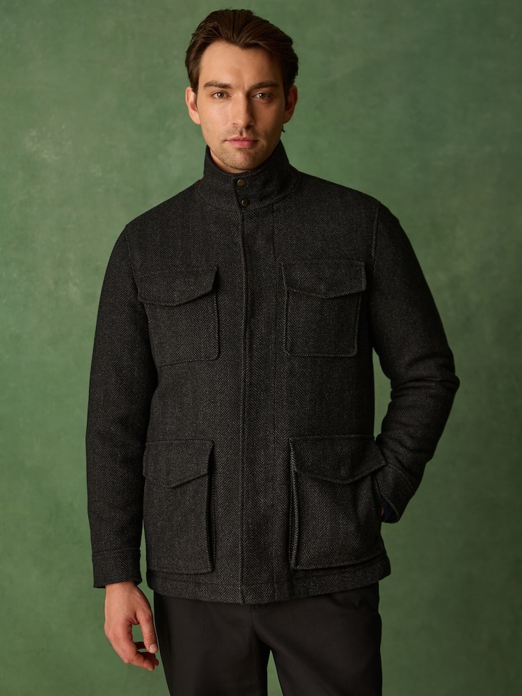 Charcoal Grey Wool Blend Four Pocket Funnel Neck Coat - Image 2 of 12 Charcoal Grey Wool Blend Four Pocket Funnel Neck Coat - Image 2 of 12