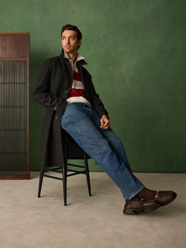 رمادي رمادي داكن - Wool Blend Pattern Mac With Cord Collar Coat - صورة 8 من 8