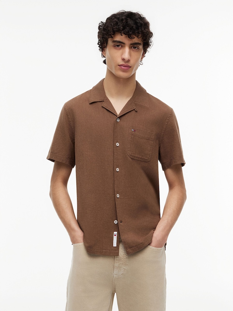 Tommy Jeans Brown Linen Blend Short Sleeve Shirt - Image 1 of 5