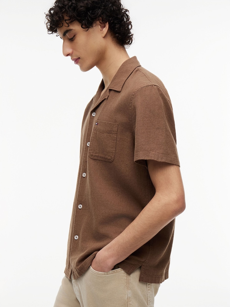 Tommy Jeans Brown Linen Blend Short Sleeve Shirt - Image 2 of 5