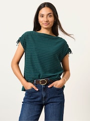 FatFace Gabby Teal Blue Gathered Shoulder Detail Top - Image 1 of 5