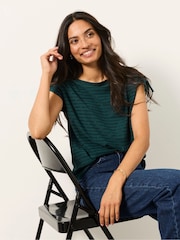 FatFace Gabby Teal Blue Gathered Shoulder Detail Top - Image 3 of 5
