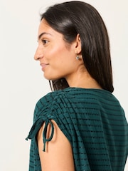 FatFace Gabby Teal Blue Gathered Shoulder Detail Top - Image 4 of 5