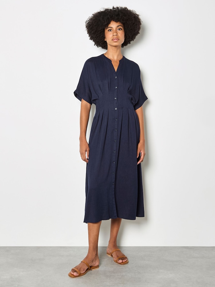 Apricot Blue Pleated Shirt Midi Dress - Image 1 of 4