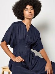 Apricot Blue Pleated Shirt Midi Dress - Image 3 of 4