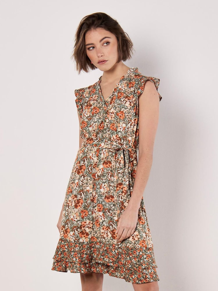 Apricot Green Ditsy Floral Ruffle Mini Dress - Image 1 of 4