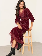 FatFace Libby Rose Pink Velvet Midi Dress - Image 1 of 6