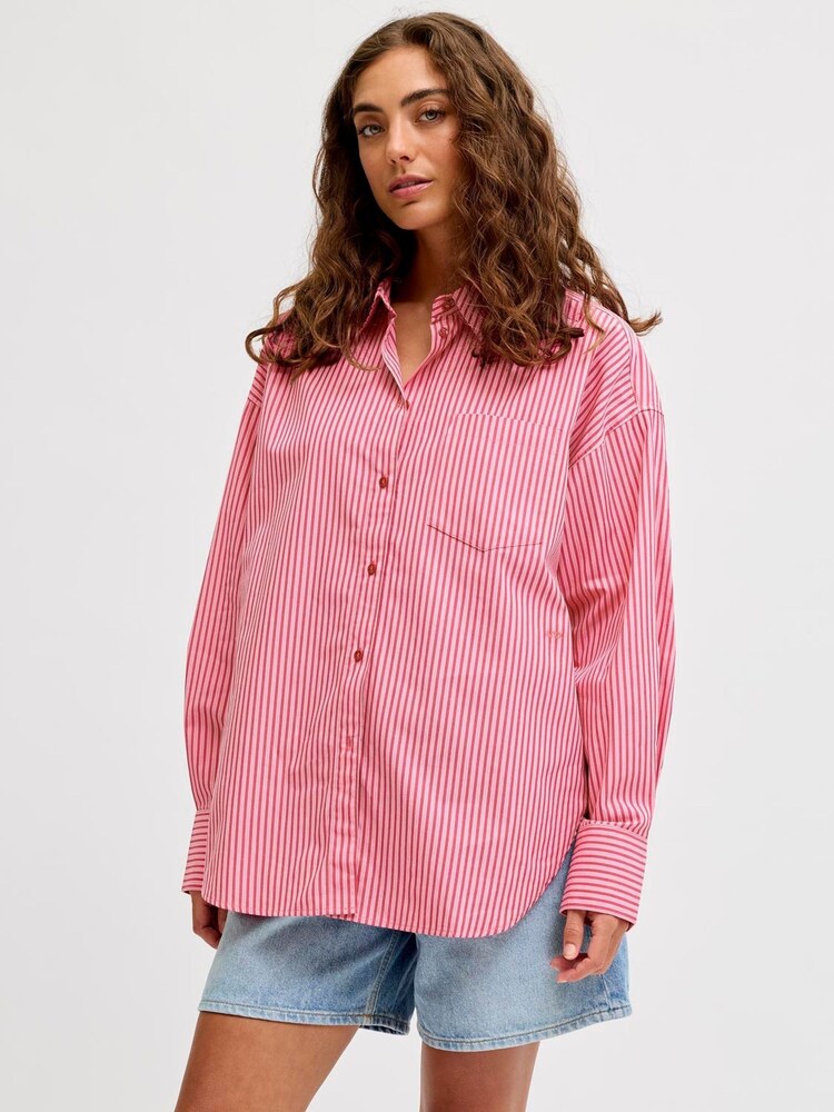 JJXX Pink Relaxed Poplin Shirt in Pink Stripe - Image 1 of 7