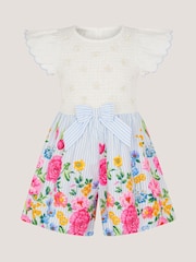 Monsoon Blue Floral Print Bow Shirred Playsuit - Image 1 of 3