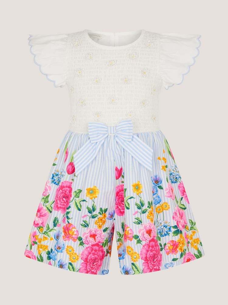 Monsoon Blue Floral Print Bow Shirred Playsuit - Image 1 of 3