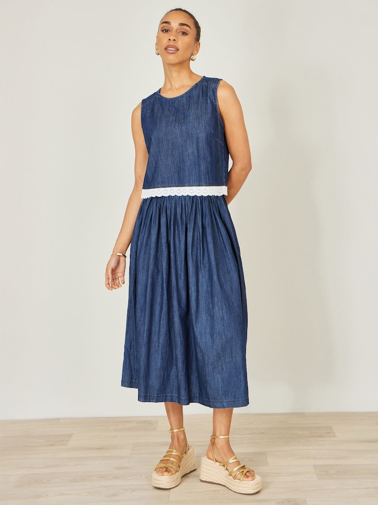 Yumi Blue Denim Chambray Gathered Midi Skirt - Image 1 of 3