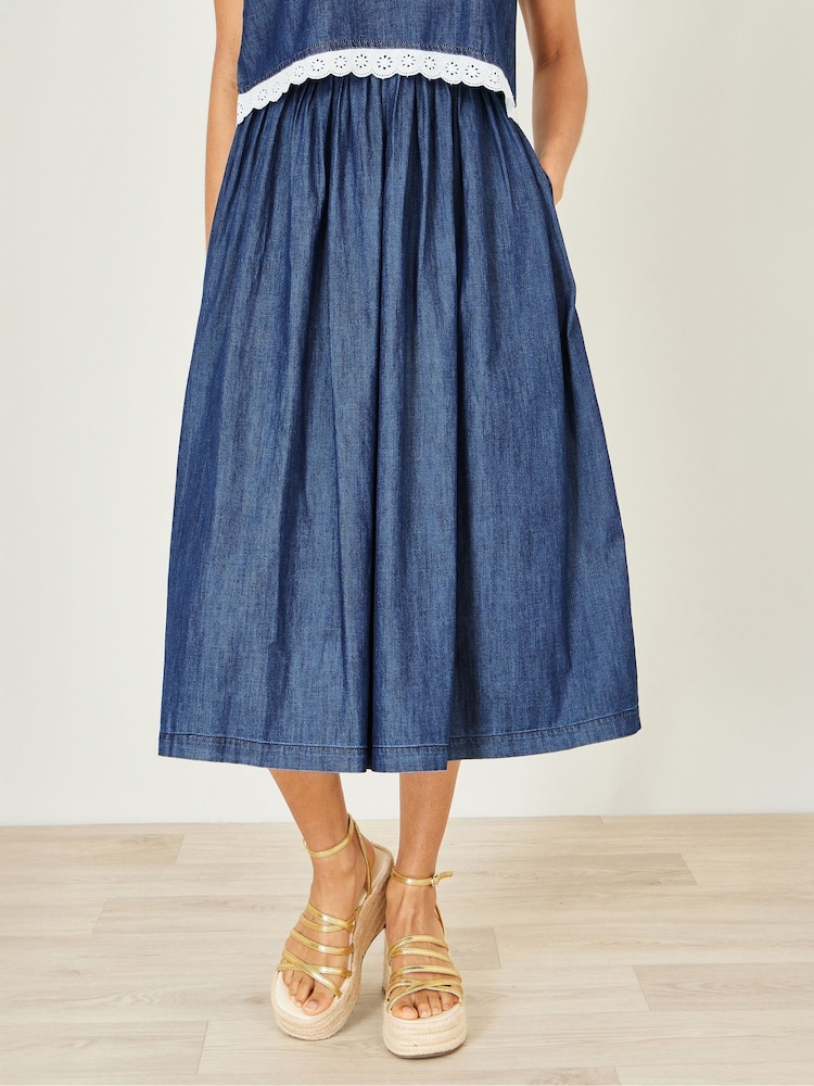Yumi Blue Denim Chambray Gathered Midi Skirt - Image 2 of 3