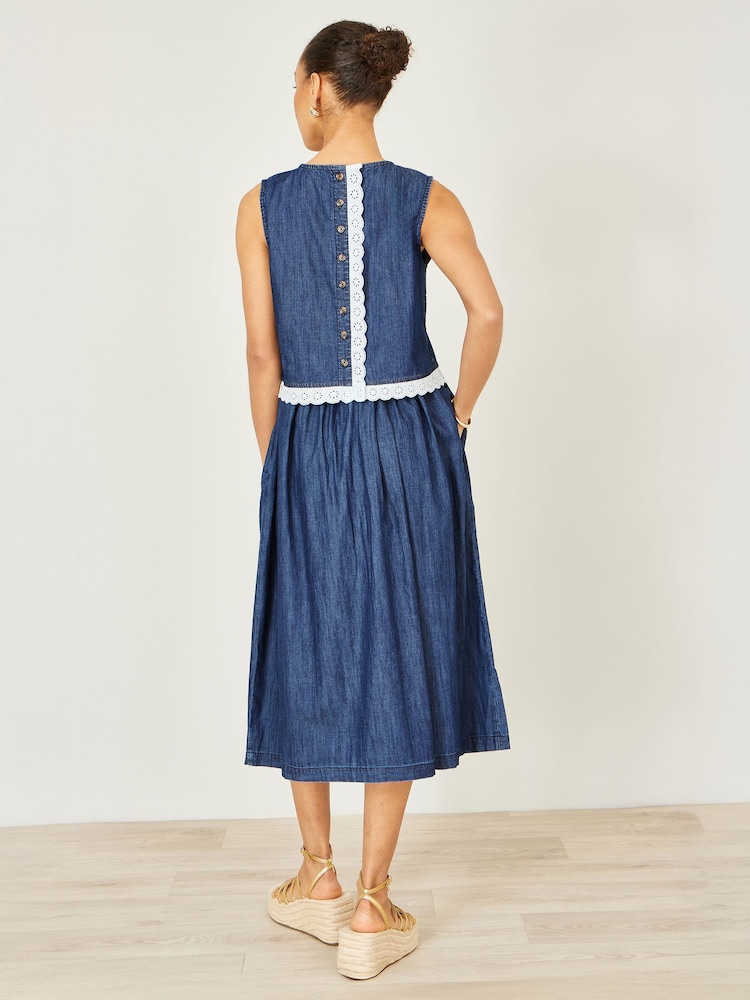 Yumi Blue Denim Chambray Gathered Midi Skirt - Image 3 of 3