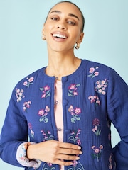 Yumi Blue Floral Embroidery Cotton Jacket - Image 3 of 4