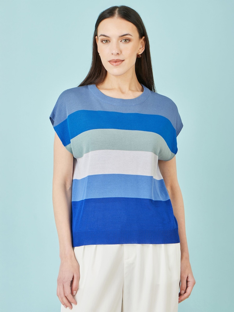 Yumi Blue Block Stripe Relaxed Knitted Top - Image 1 of 3