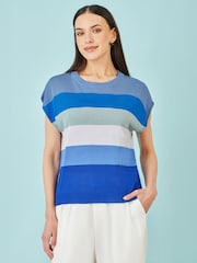 Yumi Blue Block Stripe Relaxed Knitted Top - Image 4 of 4