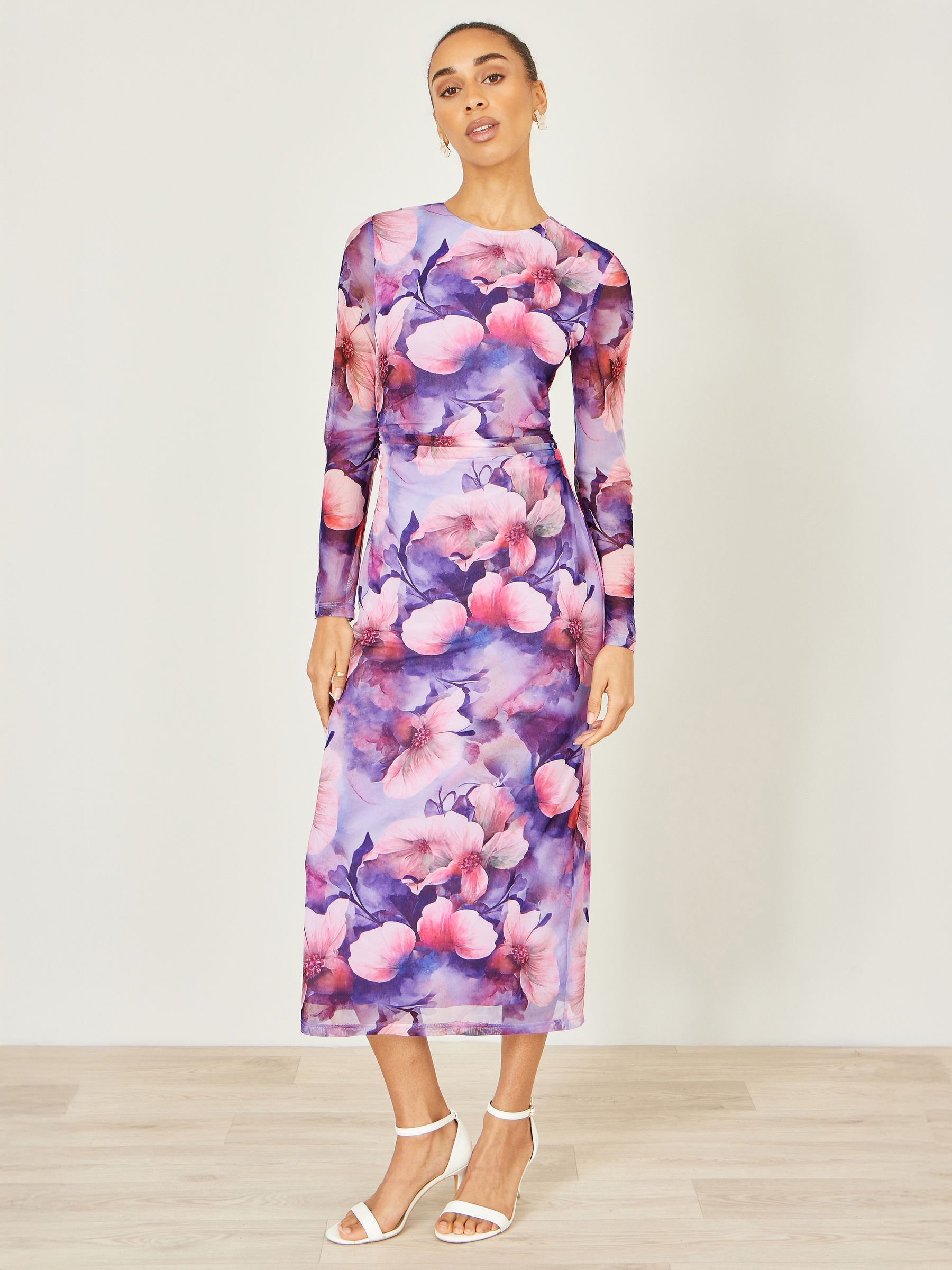 Yumi Women's Purple Mesh Midi Dress With Tie Back
