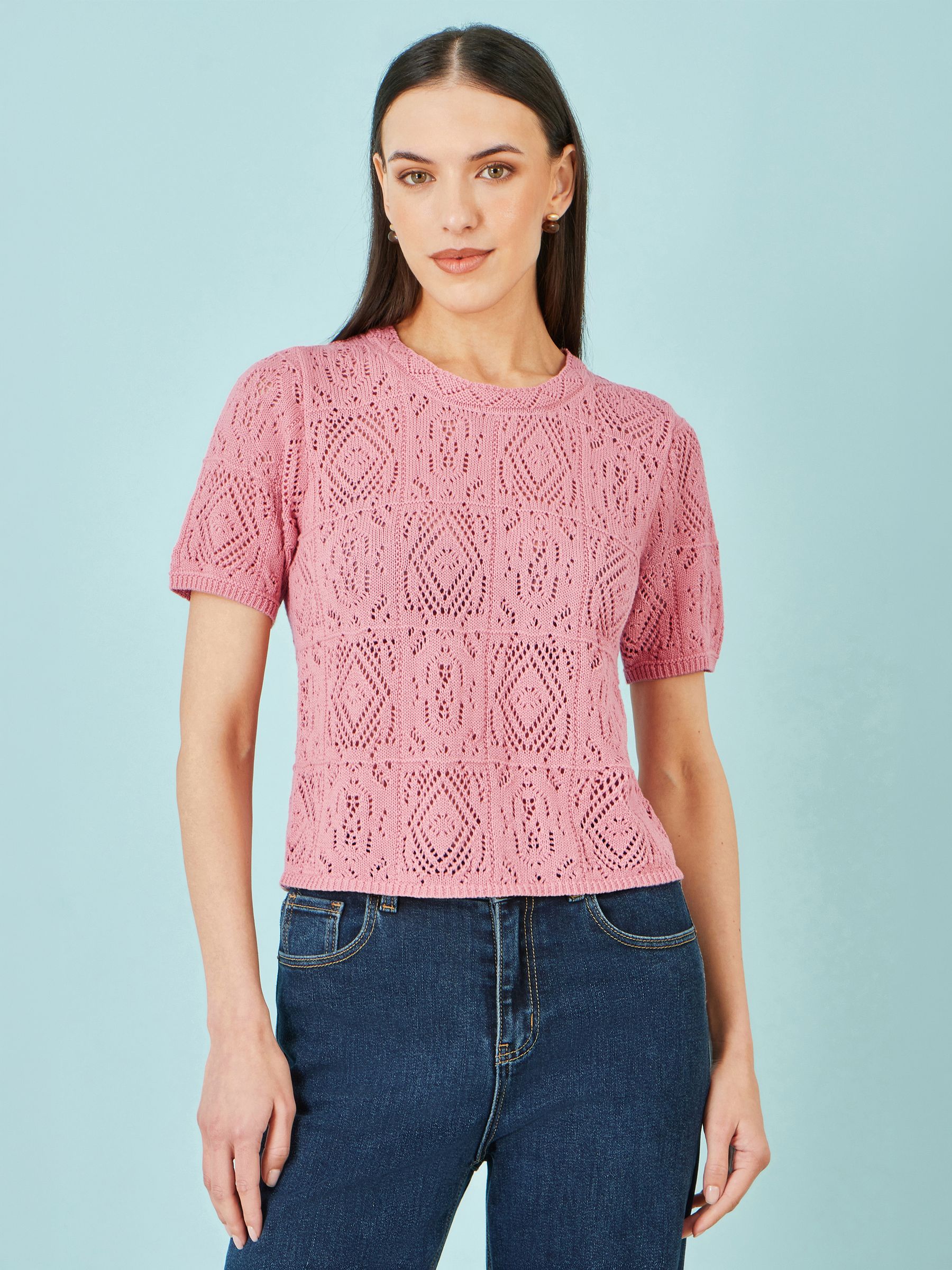 Yumi Women's Pink Cotton Crochet Knitted Top Large - Image 1