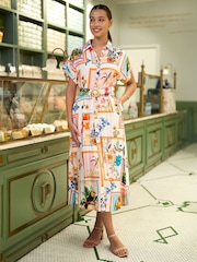 Yumi Cream Tropical Postcard Print Relaxed Midi Shirt Dress - Image 1 of 5