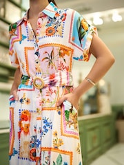 Yumi Cream Tropical Postcard Print Relaxed Midi Shirt Dress - Image 3 of 5