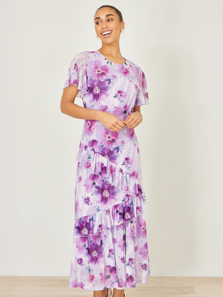 Yumi Purple Floral Print Frill Midi Dress - Image 2 of 5