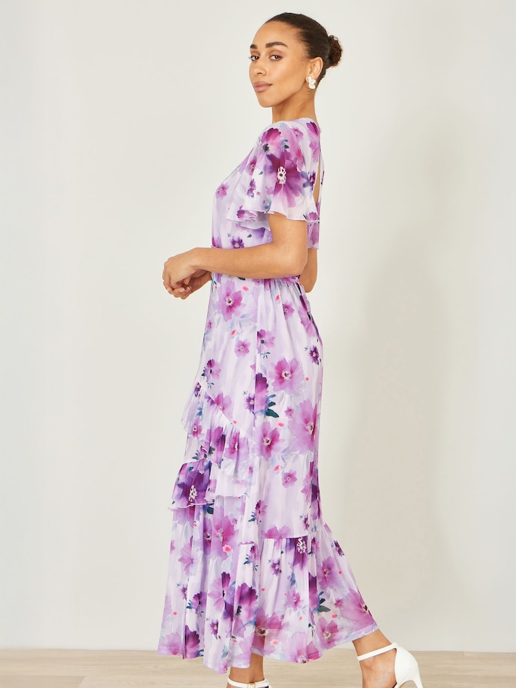 Yumi Purple Floral Print Frill Midi Dress - Image 5 of 5